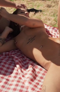 Ryan Reid and Beca Barbie in outdoor park threesome with blowjobs and doggystyle action