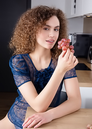 Curly-haired Cutie Konstance Slender Thighs Spread Wide To Frame Her Shaved Pussy
