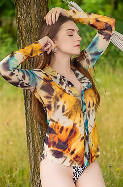 Monika May Seductive Beauty Unbuttons Her Shirt And Caresses Her Lovely Breasts