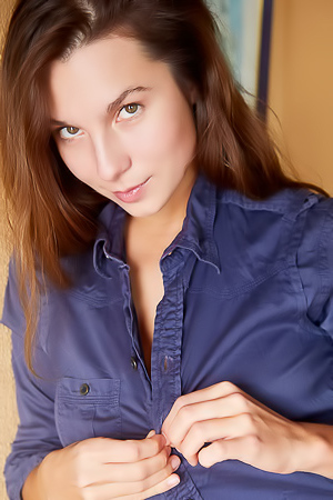 Belka Captivating Brunette Smiles Flirtatiously As Her Buttons Pop Open