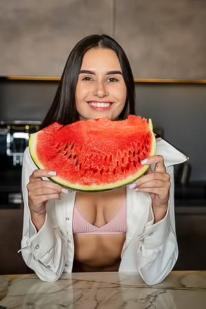 Cristin Tantalizes On Marble Counter With Watermelon And Pink Lingerie