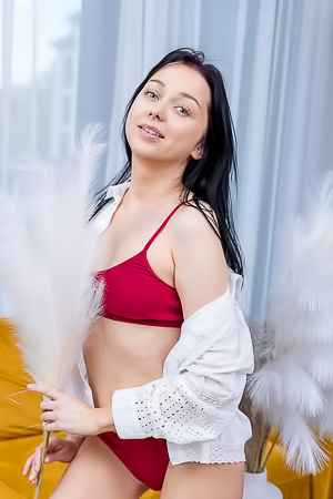 Bernie Daydreaming in Red Lingerie, Dominating a Yellow Couch with Smooth Moves